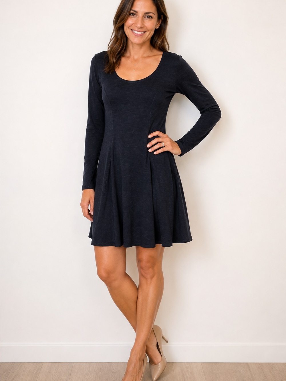 Max Studio Women's Dark Blue Long-Sleeve Scoop-Neck Fit & Flare Dress